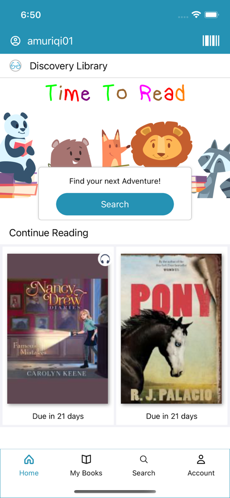 CloudLibrary mobile app home screen showing a Discovery Library section with kids books and current reading due dates