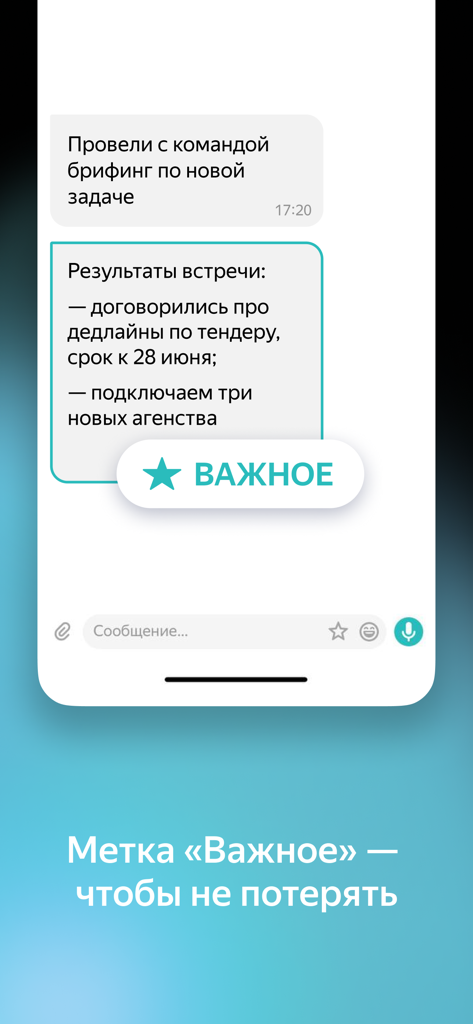 A screenshot of Yandex Messenger showing a business chat message labeled as important with a star icon
