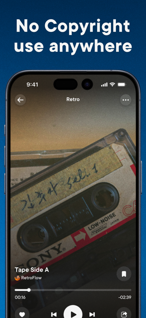 AI Music Generator - Overdub - Overdub app screen showing a music player with a retro cassette tape and text stating no copyright use anywhere.