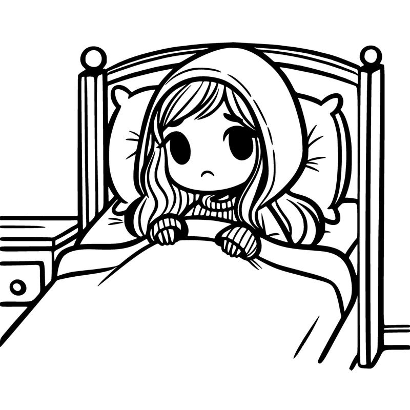 a 12 year old girl in her bed all sick with long hair and a hoodie on