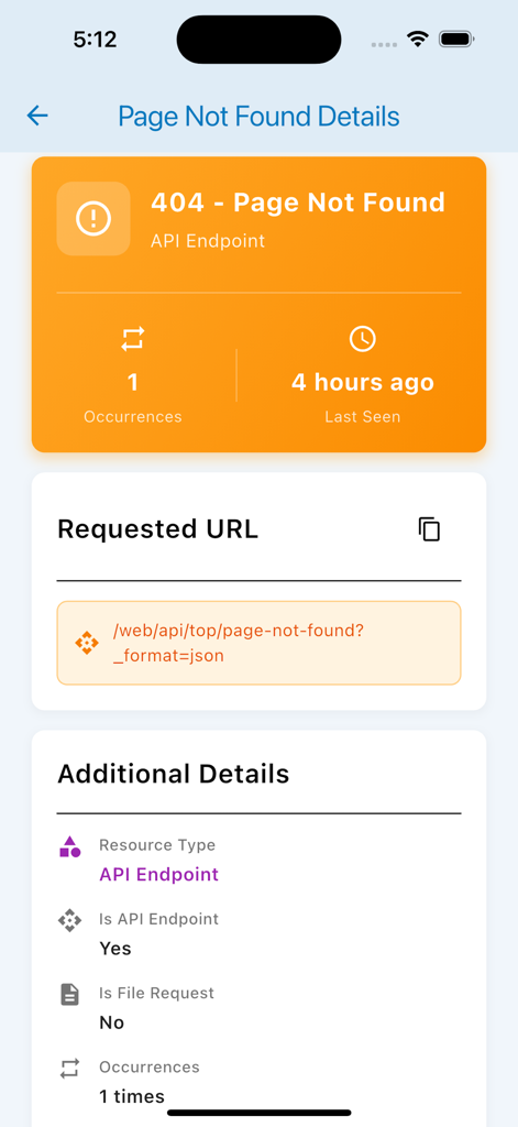 Drupal Admin - Drupal Admin app interface displaying detailed 404 Page Not Found error logs for a specific API endpoint