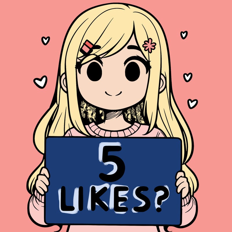 girl holding a sign that says 5 likes?