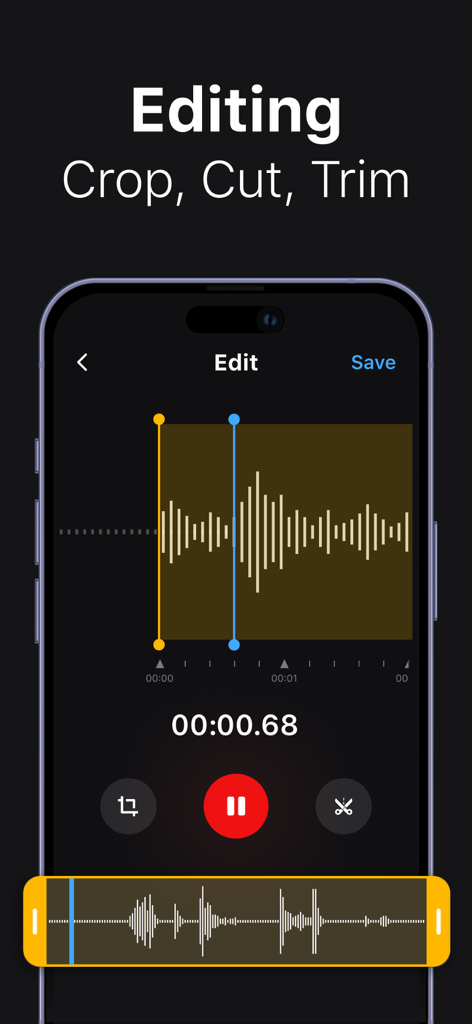 Voice Memos: AI Note Recorder - Una pantalla de teléfono inteligente que muestra la interfaz de edición de audio de la aplicación Voice Memos AI Note Recorder con opciones para recortar, cortar y dividir grabaciones.