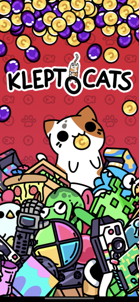 Un lindo gato calicó del juego KleptoCats rodeado de una pila de tesoros robados y monedas de oro