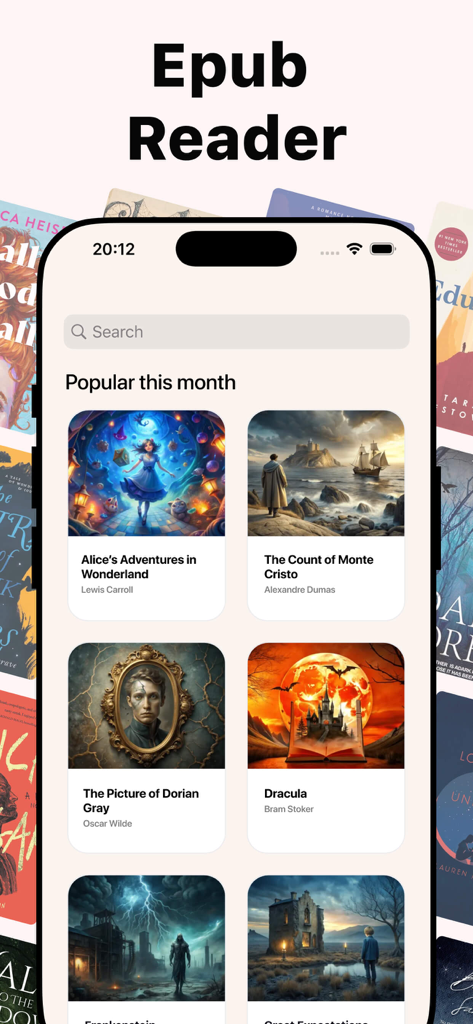 Uma interface de aplicativo móvel para ePub Reader exibindo uma biblioteca digital com livros clássicos populares como Alice no País das Maravilhas e Drácula.