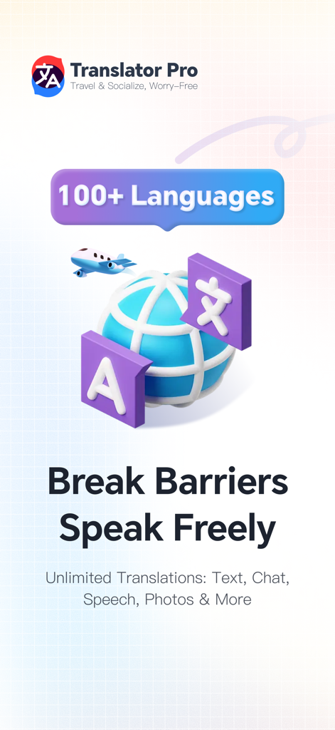 Translator Pro app interface showing support for over 100 languages with global icons and text