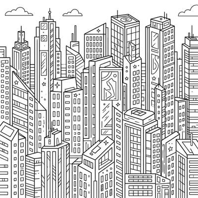Immerse yourself in the grandeur of modern architecture with this intricate commercial skyscrapers coloring page. Featuring a dense cityscape with towering buildings, it's a perfect canvas for urban explorers and coloring enthusiasts alike.