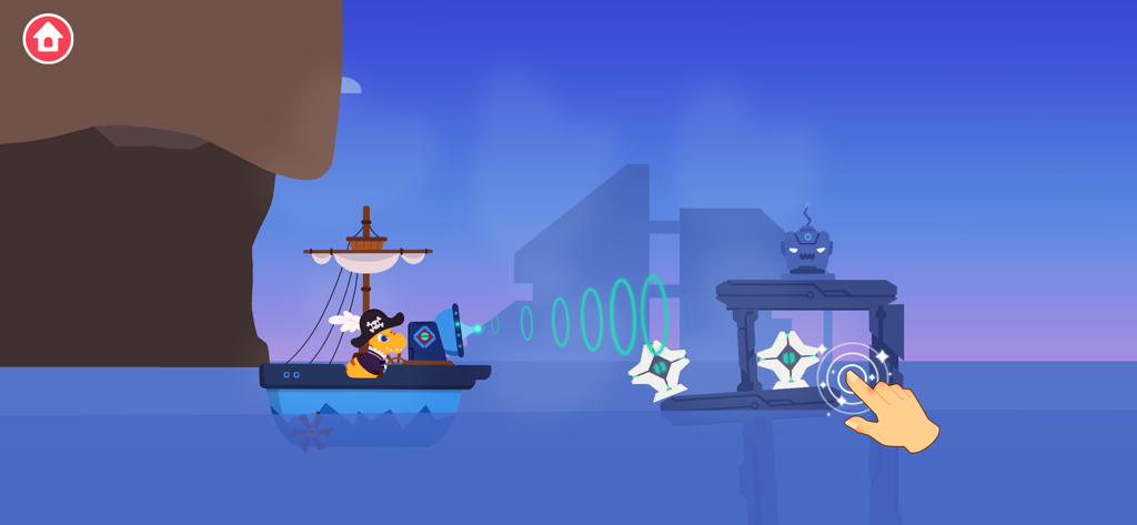 船に乗った恐竜海賊が、緑色のエネルギー波を使用して物理パズルを解いている