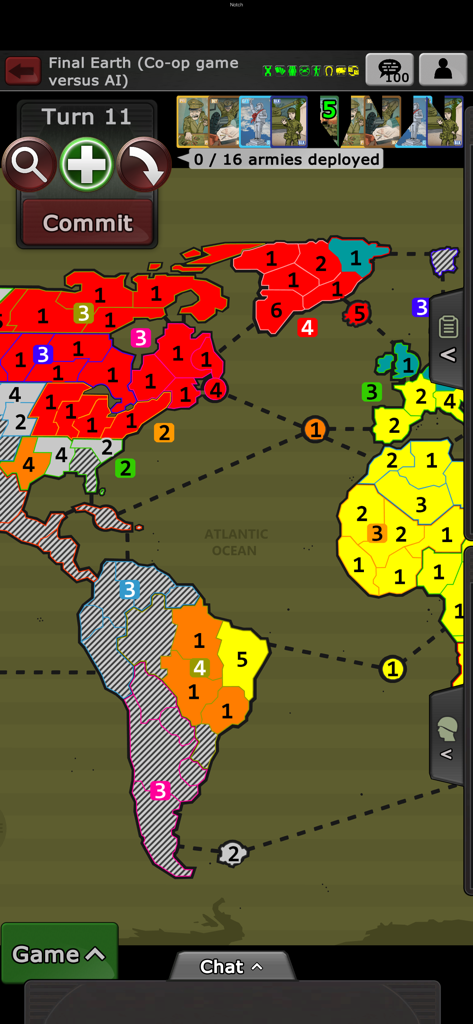 Warzone - turn based strategy - Warzone mobile game screen showing a strategic world map with territories and troop counts in a turn based strategy game