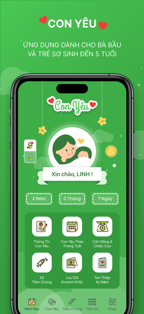 Con Yêu - App Cho Mẹ Và Bé - Interfaccia dell'app genitoriale Con Yêu per mamme vietnamite che mostra le funzionalità di monitoraggio del bambino e le tappe sanitarie