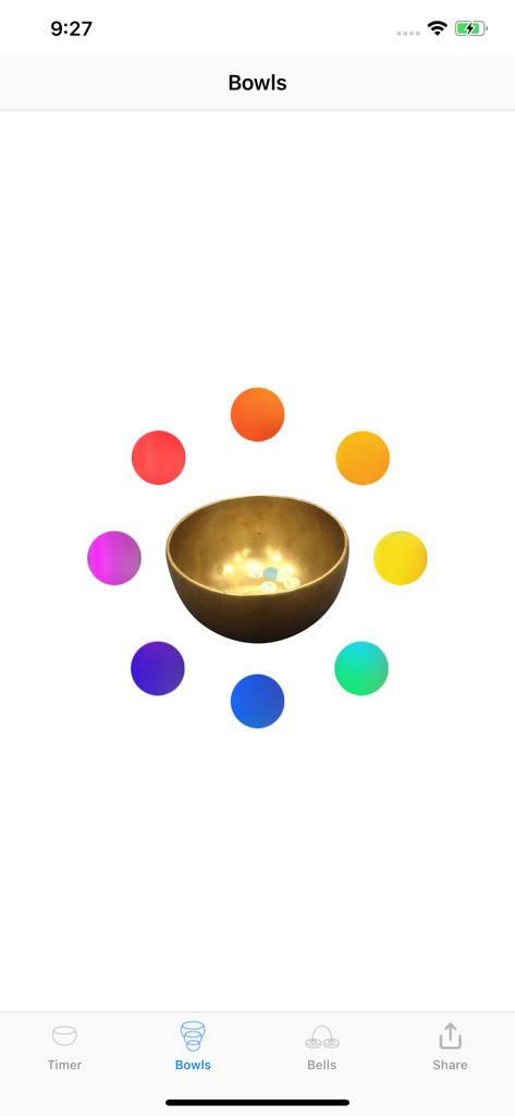 Meditation Timer Plus app interface showing a Tibetan singing bowl surrounded by eight colorful section markers