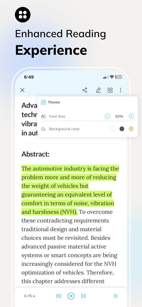 Mobile interface of MyLOFT app showing highlighted academic text with reading customization and text to speech controls