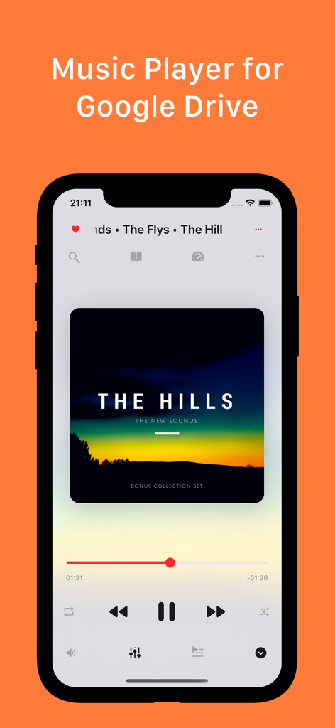 Interface do aplicativo móvel GoPlayer mostrando a reprodução de música do Google Drive em um iPhone