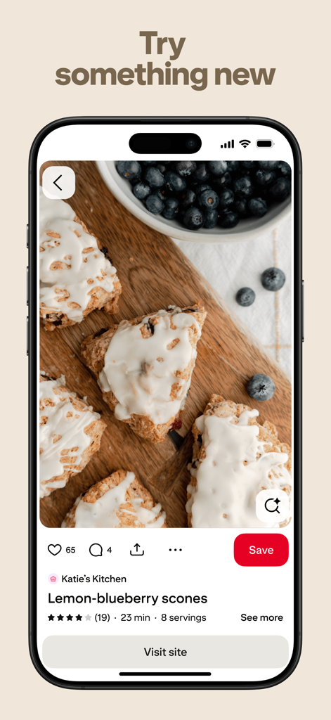 Pinterest mobile app interface showing a visual recipe for lemon blueberry scones with a save button