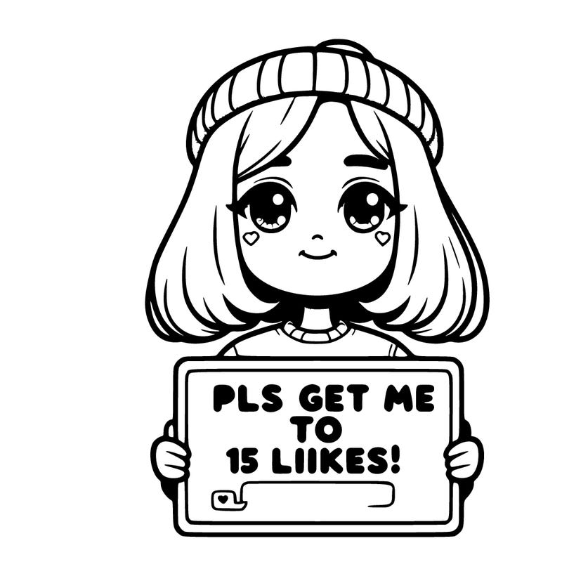 realistic girl holding up a sign that says “pls get me to 15 likes!”