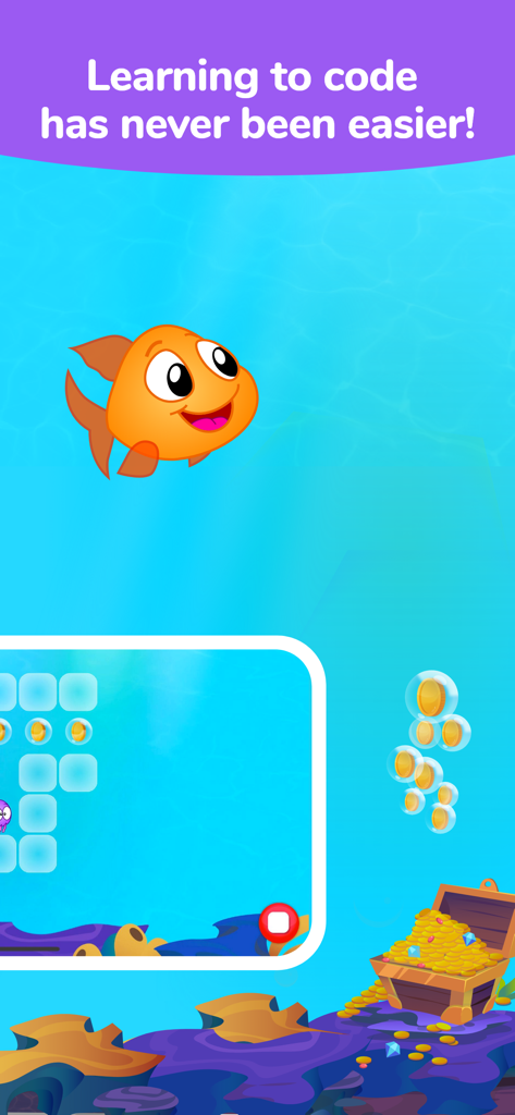 Tynker Junior coding for kids app featuring a cartoon goldfish in an underwater adventure