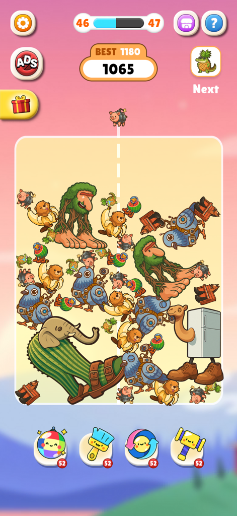 Brainrot Merge Drop Fun Puzzle - Gameplay screenshot of Brainrot Merge Drop Fun Puzzle featuring surreal meme characters like a cactus elephant and a fridge camel in a container.