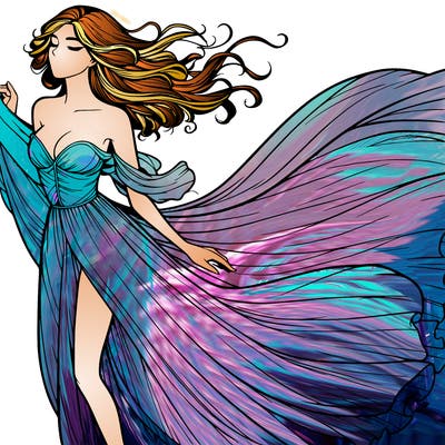 realistic woman in dress flowing the the wind