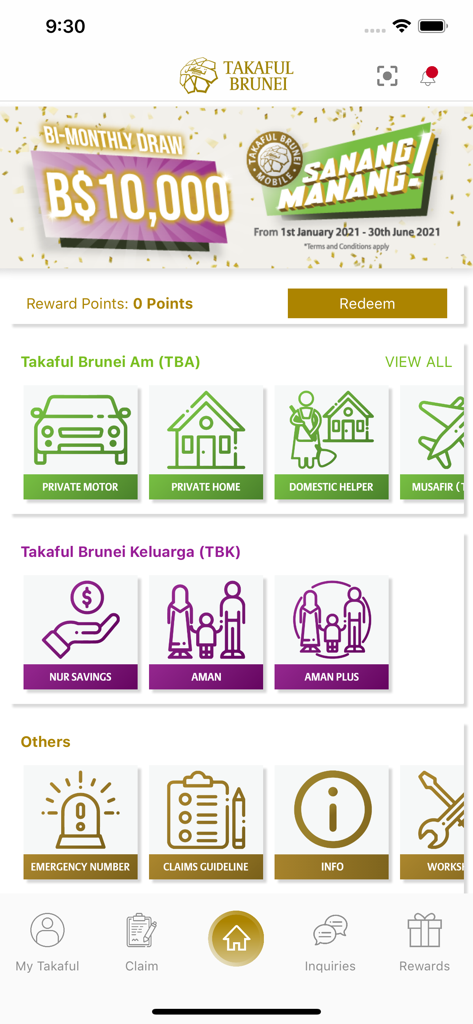 Takaful Brunei - Takaful Brunei mobile app home screen showing insurance and savings product categories