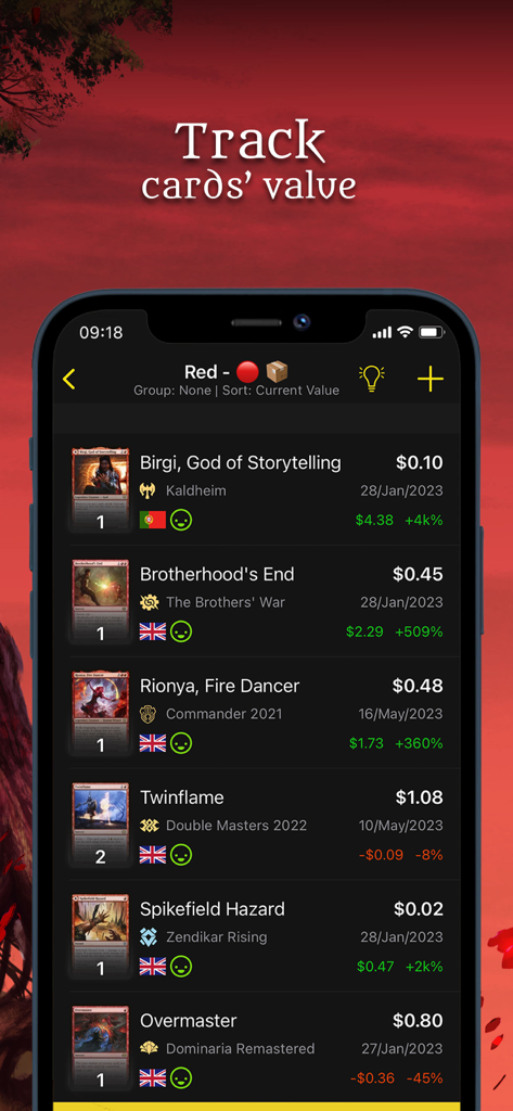 Interface d'application mobile montrant une liste de cartes Magic The Gathering avec les prix actuels du marché et les changements de valeur en pourcentage.