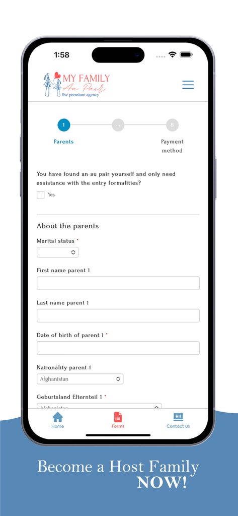 Host family registration form screen in the My Family Au Pair mobile app.