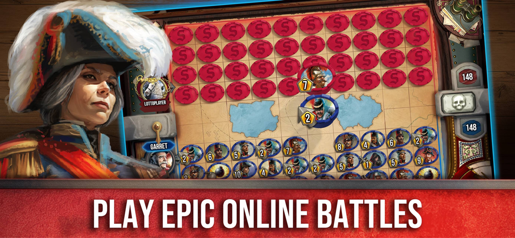 Stratego® Online - Stratego Online gameplay showing the digital game board with blue and red military pieces and character portraits.