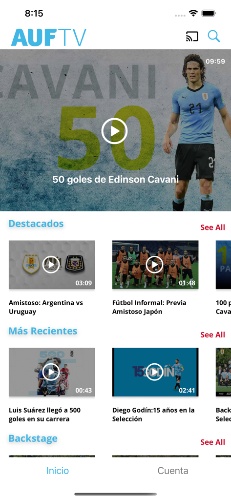 AUF TV - Pantalla de inicio de la aplicación AUF TV con videos exclusivos del equipo de fútbol uruguayo y resúmenes de partidos