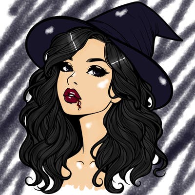 realistic witch girl with wavy hair and lips