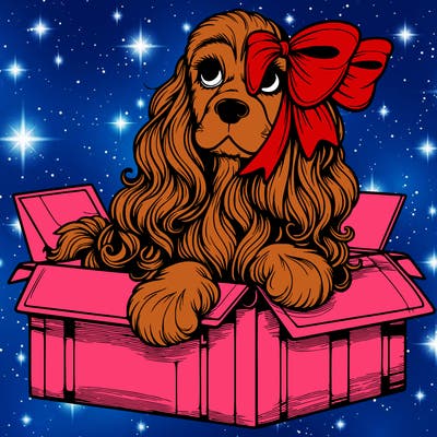 a spaniel american cocker with a beautiful bow coming out if a box realistic cute