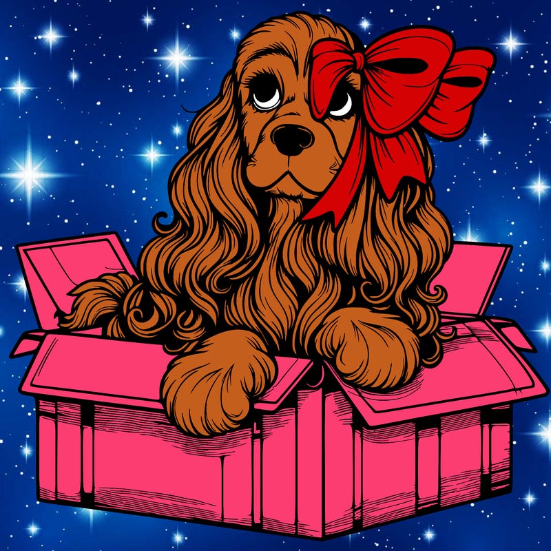 a spaniel american cocker with a beautiful bow coming out if a box realistic cute