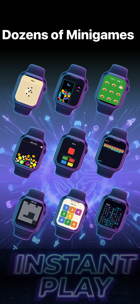 A variety of mini games displayed on nine Apple Watch screens