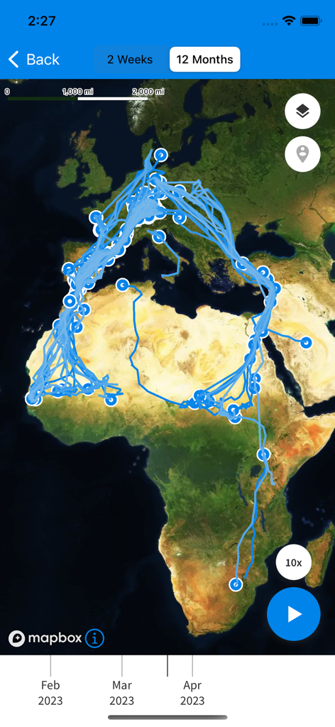 Animal Tracker - Satellite map displaying animal migration routes across Europe and Africa in the Animal Tracker app