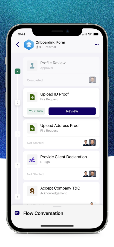 EcommerceListers - Mobile app screen showing a step by step onboarding workflow for ecommerce sellers including document verification and profile review