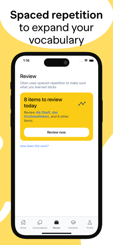 Uben app interface showing German vocabulary review using spaced repetition