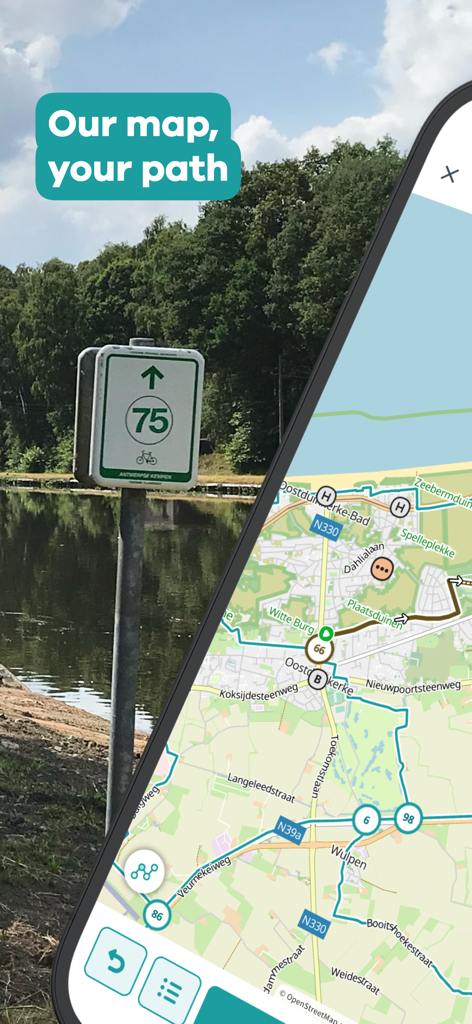 NodeMapp Bike - Smartphone displaying the NodeMapp Bike map interface alongside a physical cycling node sign.