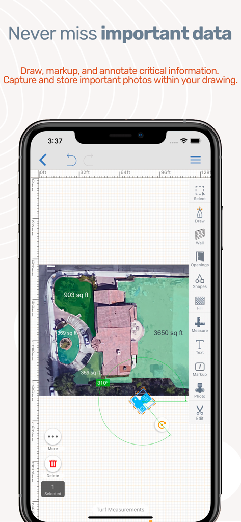 ArcSite: Floor Plans and CAD - Interfaz de la aplicación ArcSite que muestra un dibujo aéreo de la propiedad con mediciones de área y anotaciones en una pantalla de smartphone.