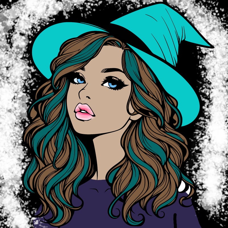 realistic witch girl with wavy hair and lips
