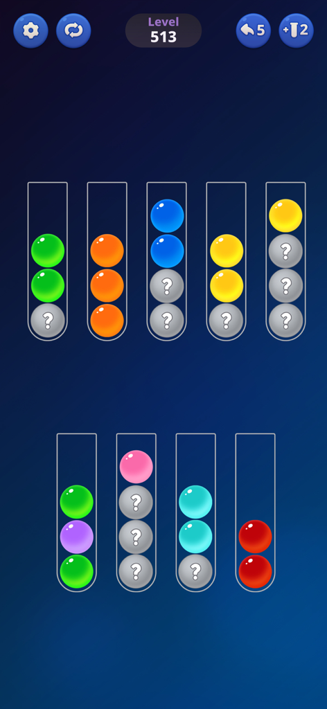 Ball Sort Puzzle: Color Bubble - Gameplay screen of Ball Sort Puzzle showing various colored and mystery balls in tubes.