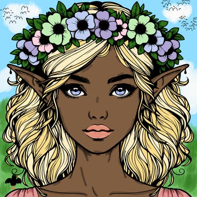 realistic female elf with flower crown