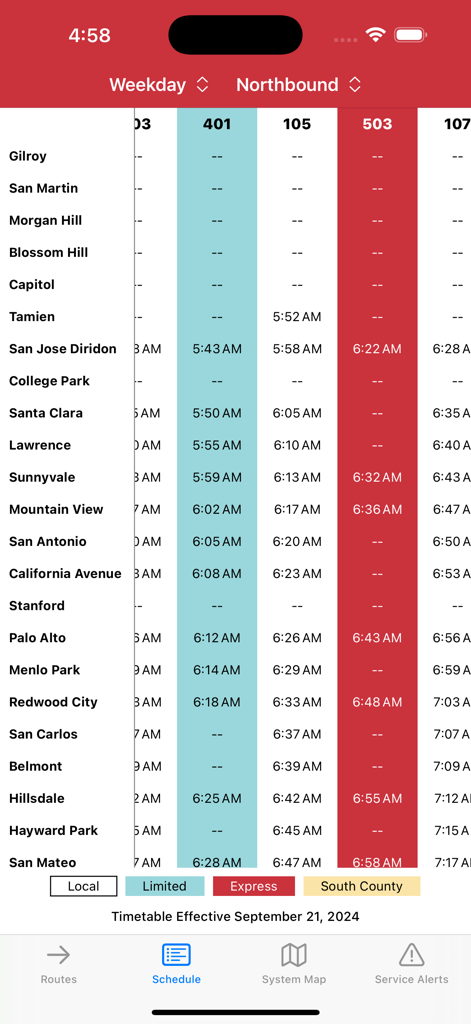 Caltrain+ - Horario de Caltrain hacia el norte entre semana mostrando diferentes tipos de servicios de trenes y horas de llegada.