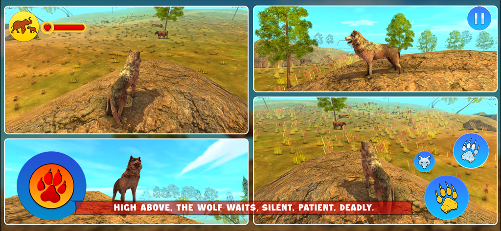 Wolf Simulator: Wild Craft RPG - オオカミが3Dの荒野環境を探検する様子をフィーチャーしたWolf Simulator Wild Craft RPGのスクリーンショットのコンパイル。