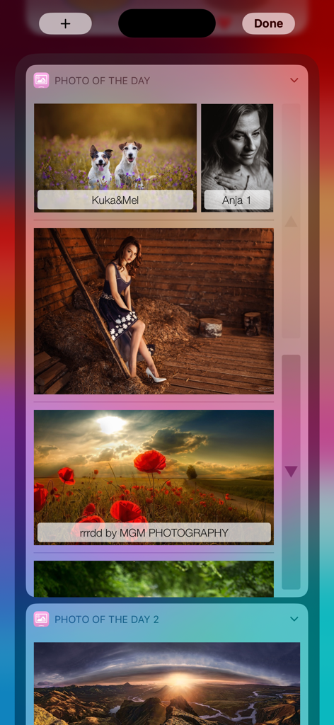 Photo Of The Day Widget - Pantalla de iOS mostrando varios widgets de Foto del Día con imágenes estéticas curadas