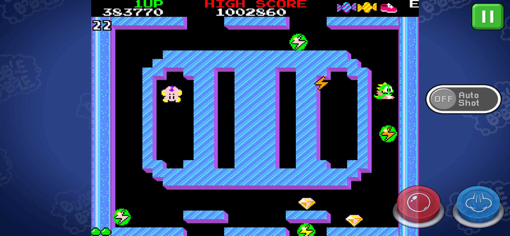 Gameplay screen of BUBBLE BOBBLE classic showing retro arcade graphics and mobile touch controls