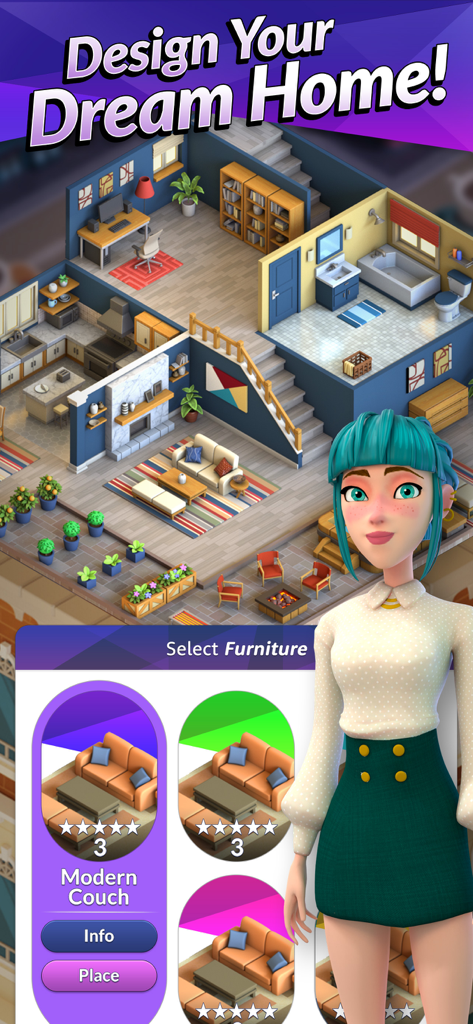 Ein Screenshot von Single City, der die Funktion zur Hausgestaltung zeigt, mit einer isometrischen Wohnungsansicht und einem Menü zur Möbelauswahl für ein modernes Sofa.