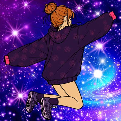 realistic girl jumping with a bun and oversized sweatshirt