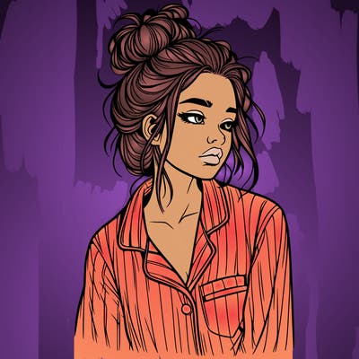realistic woman with pajamas on and a messy bun