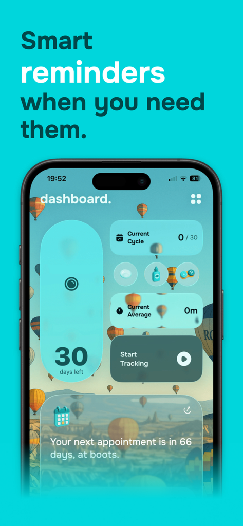 Lenso - Contact Lenses Tracker - Panel de la aplicación Lenso que muestra el ciclo de reemplazo de lentes de contacto y recordatorios inteligentes