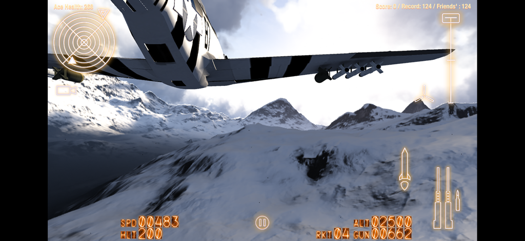 Alliance: Air War - A World War II propeller fighter plane flying over a snowy mountain range in the Alliance Air War mobile game.