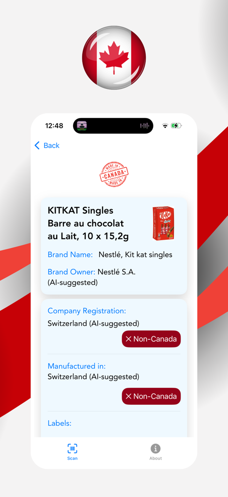 Proudly Canadian: Shop Canada - Un resultado de escaneo de la aplicación Orgullosamente Canadiense que muestra que una barra de chocolate se fabrica en Suiza y no en Canadá