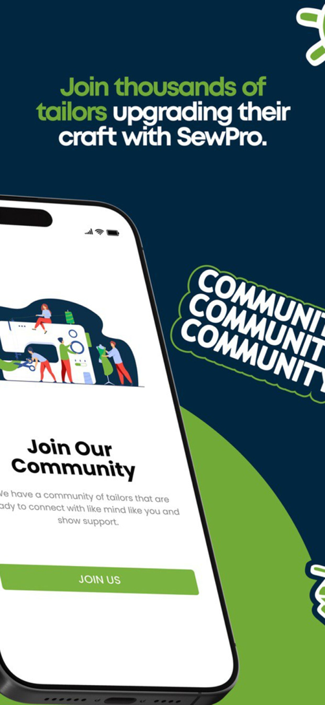 SewPRO - SewPRO app screen inviting tailors to join a professional community of fashion artisans.